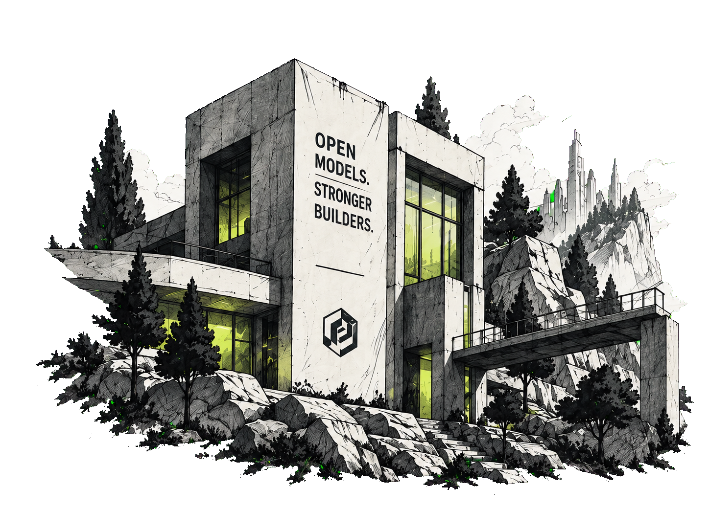 An illustrated InferencePass building among trees and mountains